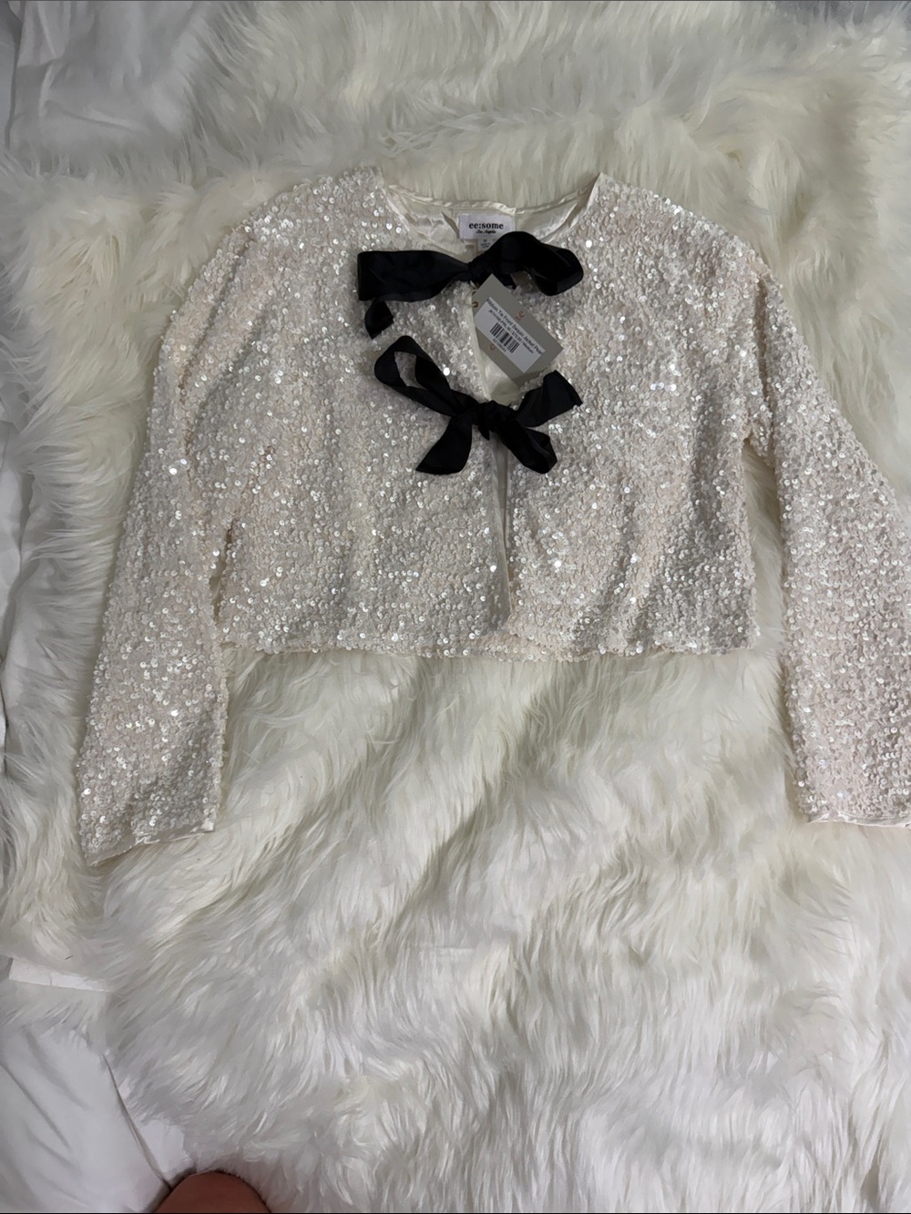 NWT EESOME Pearl Sequin Ribbon Tie Front Jacket Ivory Cropped Cardigan Size M